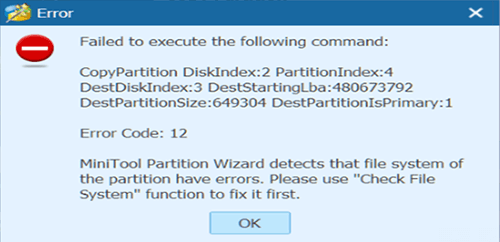 MiniTool Partition Wizardに関するよくある質問 - エラーコード 12（Error code 12）