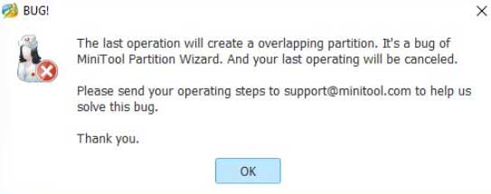 MiniTool Partition Wizardに関するよくある質問 - 「最後の操作で重複するパーティションが作成されます」というエラーのイメージです。