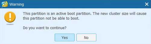 MiniTool Partition Wizardに関するよくある質問 - クラスタサイズを変更するときに、警告を受け取りました。