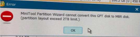 MiniTool Partition Wizardに関するよくある質問 - 2TBの制限を超えてGPTディスクをMBRに変換できません。