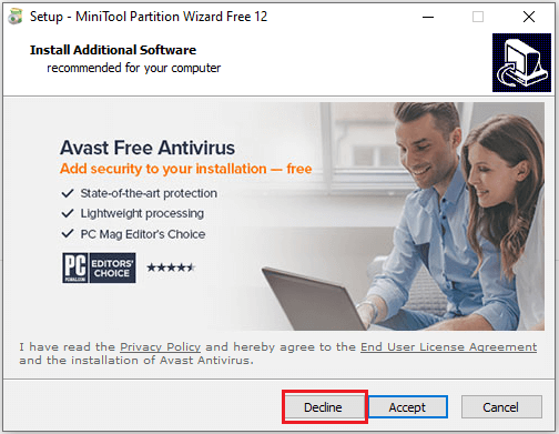 MiniTool Partition Wizard 無料版に同梱されているアバストアンチウイルス無料版のインストール画面です。