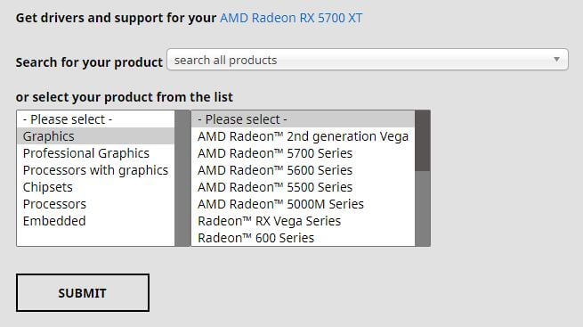 AMD グラフィックス カード ドライバーを検索または選択します