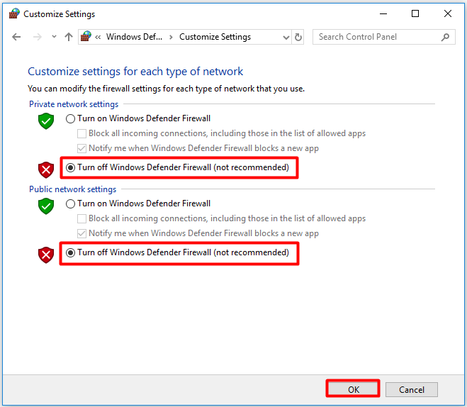 Windows Defender ファイアウォールをオフにすることは推奨されません