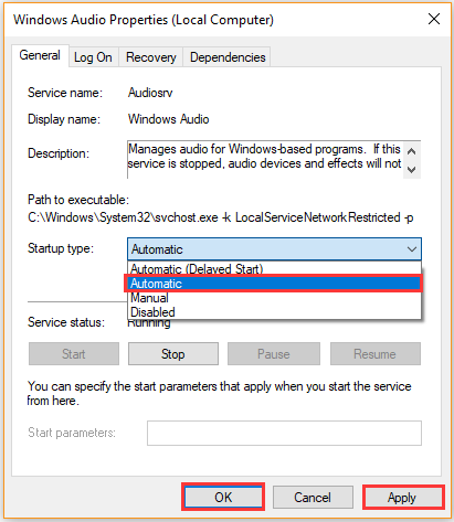 Windows オーディオ サービスを自動に変更します