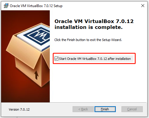 「インストール後にOracle VM VirtualBoxを起動する」にチェックを入れ